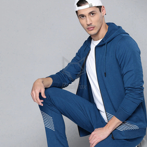 Men Blue Hooded Zipper Sweatshirt With Side Stripe Regular Fit Full Sleeve Breathable <b>Polyester</b> <b>Tracksuit</b> Set - Product Image 4