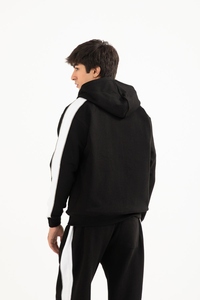 Streetwear Sweat à capuche zippé noir en coton mélangé baggy avec manches en blocs de couleurs - Product Image 3