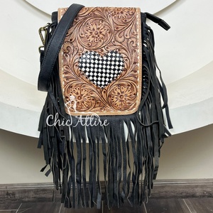 New Personalized Trendy Hand Tooled Leather Fringe Handbags Women Luxury Checkered Heart & Floral Printed Genuine Shoulder Bag - Product Image 1