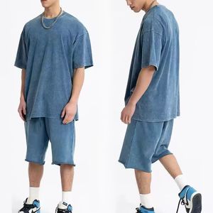 Camiseta personalizada y conjunto corto Streetwear Vintage Acid Wash Sun Faded Boxy Conjuntos de camisetas de gran tamaño para hombres - Product Image 2