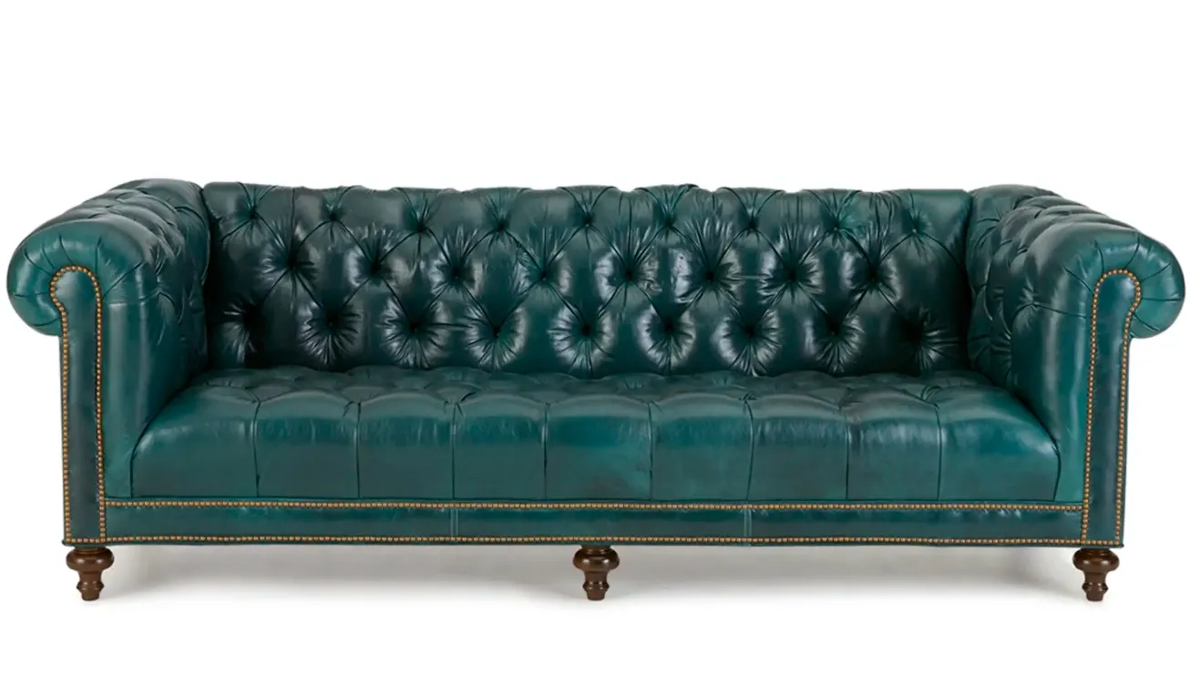 Sofá Chesterfield de couro americano com botão de tração macio para sala de estar, poltrona de braço reto