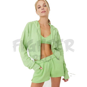 Alta calidad personalizado 100% algodón ligero primavera mujer Sudadera con capucha y pantalones cortos conjunto moda Color sólido Mujer Pantalones cortos conjuntos - Product Image 5