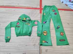Custom Printed Streetwear Tracksuit Set Heavyweight Cotton Fleece Zip-Up Hoodie and Wide Leg Pants Set for Women Wholesale - Product Image 2