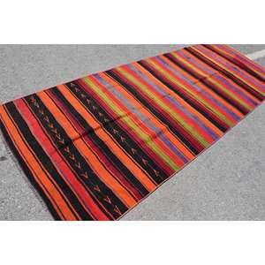 Alfombra de área de diseño de retazos de lana tradicional naranja negro a rayas 4,3X11,3 pies respaldo de látex para mesita de noche pasillo habitación de gran tamaño - Product Image 2