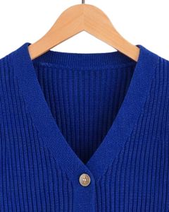 Manufacture Customized <b>Women</b> <b>Royal</b> <b>Blue</b> Ribbed Knit Cropped <b>Cardigan</b> Sweater Long Sleeve V Neck Button Casual Winter Fashion - Product Image 4