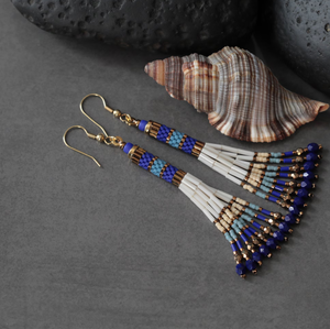 Beaded Tassel <b>Earrings</b> Miyuki Beads , <b>Blue</b>, Cobalt, Ecru Fringe Tassel <b>Earrings</b> - Gold - Long - Product Image 1