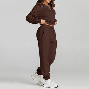 Luxe Y2K Femmes Polaire Demi Zip Sweat Jogger Pantalon Ensemble Gris Marron Solide Motif Écologique pour la Saison de Printemps - Product Image 4