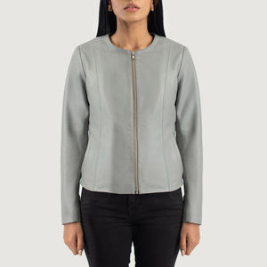Chaqueta de Cuero Gris Claro para Mujer, Cuello Redondo, Cierre Frontal Simple, Ropa Exterior, Estilo Casual Minimalista para Damas - Product Image 1