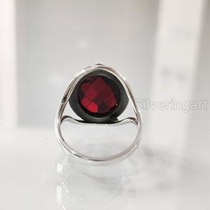 แหวนสำหรับผู้หญิงแหวนโกเมนลายตารางธรรมชาติพลอยโกเมน January birthary designer แฮนด์เมดตะวันออกเครื่องประดับ925แหวนเงินสเตอร์ลิง - Product Image 5