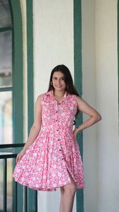 Robe midi élégante de style bohème chic, imprimée à la main, col rabattu, saison estivale, robe à imprimé floral pour femmes - Product Image 4