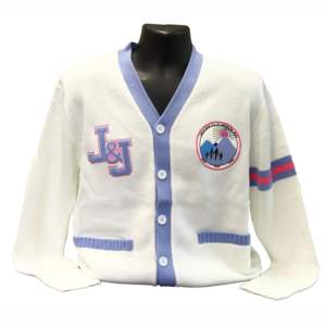 Cardigan en tricot brodé pied-de-poule, nouveau design personnalisé, Jack and Jill of America 1938, style universitaire grec - Product Image 1