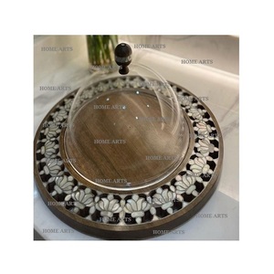 Premium Quality Round Shape Cake Server With Lid Wood And <b>MOP</b> Work Cake Server With Glass Lid <b>For</b> <b>Sale</b> - Product Image 3