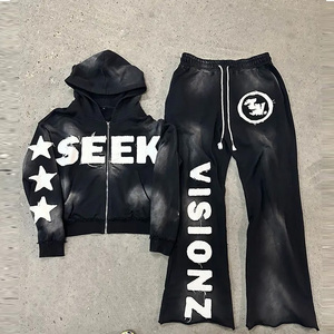 Conjunto de sudadera con capucha y pantalones de chándal lavados con ácido bordados desgastados personalizados chándal apilado acampanado con pantalones acampanados - Product Image 6