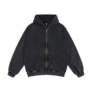 Ropa de calle Unisex cremallera Vintage sudadera chaqueta personalizada hombres sol desteñido pesado francés Terry desgastado lavado ácido Zip up Sudadera con capucha - Product Image 1