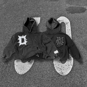 โลโก้ตัวอักษรตัดและเย็บเสื้อสเวตเตอร์ปัก Applique เสื้อฮู้ดถักกรดล้างเสื้อฮู้ดจางด้วยตัดด้านล่าง - Product Image 2