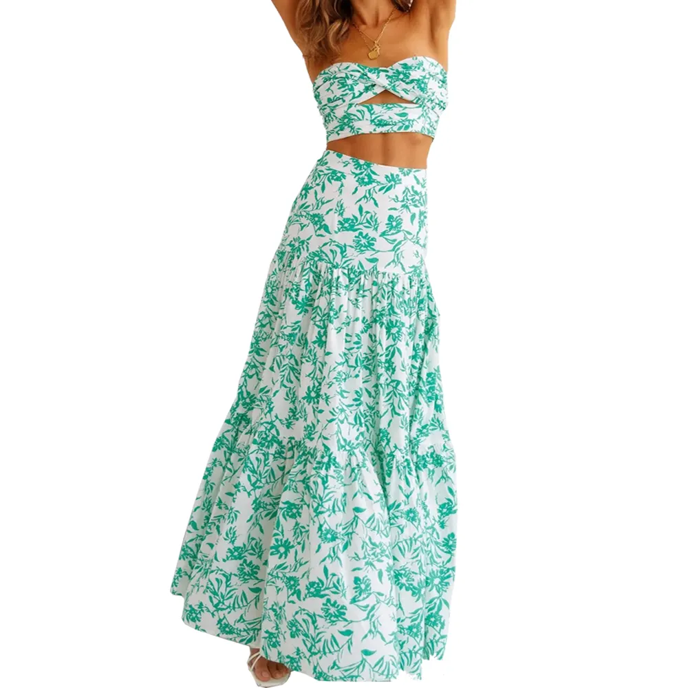 Venta al por mayor barato dos piezas suave sin tirantes verde verano mujeres diario casual vestido mar vacaciones mujeres Maxi falda floral conjunto