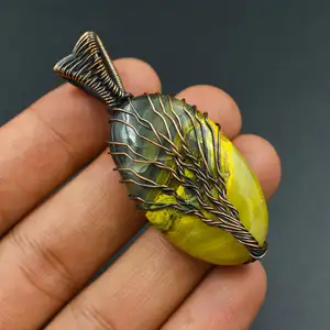 Tree of Life Bumble Bee Jasper Wire Wrap Pingente de Cobre Gemstone Moda Jóias para Mulheres Homens Presente Para Sua Moda