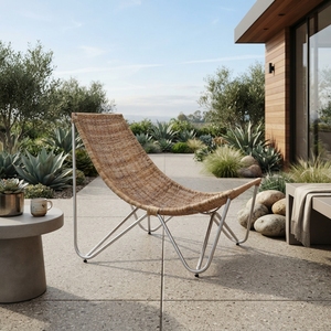Fauteuil de salon Charlotte Brown en rotin naturel tressé avec structure en métal argenté, chaise inclinable papillon pour patio et jardin - Product Image 5