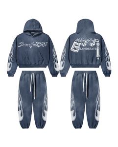 Custom Logo High Quality French Terry <b>Embroidery</b> Sweatpants & Hoodie Jogger <b>Set</b> Zip up Acid Wash Sun Faded Tracksuit for Men - Product Image 5