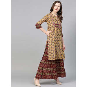 Ensemble droit Kurta & Sharara imprimé floral en coton moutarde pour femme - Product Image 2