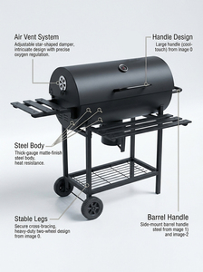 Parrilla de carbón de alta resistencia al por mayor con ahumador tipo barril y kit de <span class=keywords><strong>asador</strong></span> motorizado, certificación CE ETL EN 1860, personalización de marca OEM - Product Image 3
