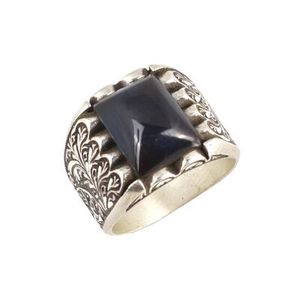 925 Sterling Silver Hand-Engraved Rectangular Men's <b>Ring</b> Geometric Pattern Pressed Amber Stone Rhodium Plated for Everyday Wear - Product Image 1