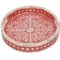 Plateau en bois indien décoratif rond rouge en nacre et en os, tendance pour les services, à usages multiples, artisanat indien - Product Image 2