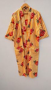 Kimono con estampado de bloques florales de algodón para mujer, bata informal de verano, albornoz, ropa de playa, vestido de dama de honor lavable Natural para - Product Image 6