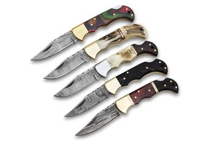 Juego de 5 piezas, cuchillo de bolsillo plegable con Cierre trasero de acero de Damasco hecho a mano personalizado, mangos mixtos de 6,5 pulgadas con Funda de cuero - Product Image 2