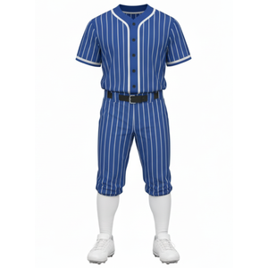 Uniforme de baseball bleu OEM, jersey et pantalon sublimés à rayures verticales blanches - Product Image 2
