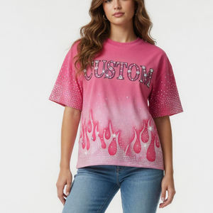 Custom Rhinestone Embellished Oversized T-<b>Shirt</b> Men's Streetwear Short Sleeve Blue Gradient <b>Flame</b> Design Jersey Fit - Product Image 5