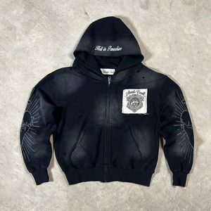 2025 nouveau Design 100% coton lourd Boxy en détresse brodé Logo imprimé manches fermeture éclair hommes lavé à capuche - Product Image 2