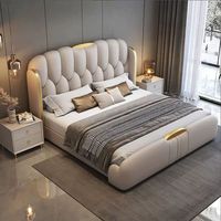 Ensemble de meubles de chambre à coucher en teck massif de luxe, style européen moderne, avec revêtement en cuir personnalisable et capitonné, 2 tables de chevet