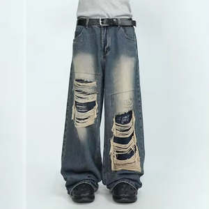 Baggy Washed Breathable Men's Fashion Denim <b>Jeans</b>, High Quality Washed Straight Baggy <b>Jeans</b>, Vintage Style Denim Ripped <b>Jeans</b> - Product Image 4