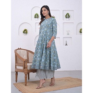 ชุดกูร์ตะอานาร์กาลีสีน้ำเงินทะเล ผ้าฝ้ายเนื้อหนักและผ้าไหมปักลาย ผ้าเน็ตสไตล์ชาติพันธุ์ ชุดปาร์ตี้แบบสัลวาร์ คามีซ ตัดเย็บสำเร็จ - Product Image 3