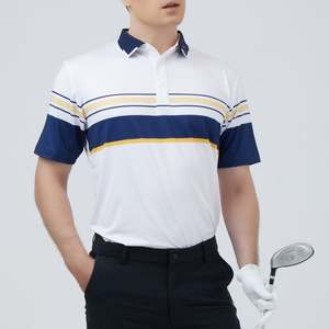 เสื้อกอล์ฟถักนิตติ้ง Handee White ผลิตจากโพลีเอสเตอร์ 100% พร้อมแถบสีกรมท่า/เหลืองแนวนอน แห้งเร็ว คุณภาพพรีเมียม - Product Image 2