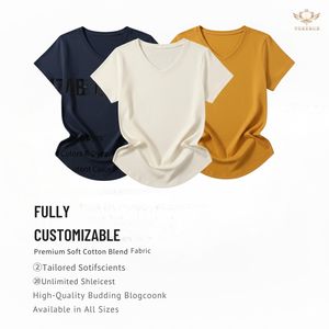 Camiseta de Cuello en V para Mujer de la Mejor Calidad, Logotipo Personalizado, Informal, Verano, Lisa, Color Sólido, Algodón Suave, Venta al por Mayor, OEM Yokebud - Product Image 2