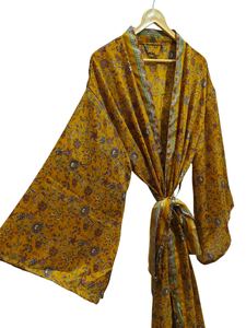 Long Peignoir Léger Vintage Sari Robe Doux Plage Robe De Soirée Indien À La Main Kimono En Soie - Product Image 3