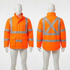 Veste de travail de sécurité en polyester et cuir, 300 grammes, résistante, hiver, boutonnée, à capuche, orange, avec panneau réfléchissant, impression personnalisée - Product Image 5