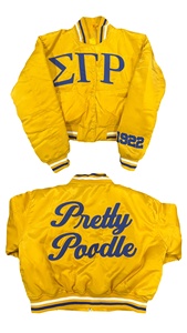 Sigma Rho Phi Greek Satin Bomber Jacket SGRHO Pretty Poodle Sorority Sisterhood Women Cropped Bomber Jackets Greek Line Jacket - Product Image 6
