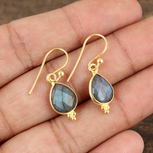 Women's Natural Labradorite Teardrop <b>Earrings</b> Gold-Plated Handmade Drop <b>Dangle</b> <b>Silver</b> <b>Earrings</b> - Product Image 4