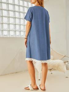 Women Trending Cloths <b>Denim</b> <b>Tunic</b> Elegant Short Sleeve Crew Neck Vintage Front Embroidery Lace Weaving Dress - Product Image 2