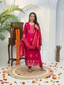 Jacquard Handwork Kurti Pant Dupatta Set in Pure Muslin Meena <b>Detailing</b> Party Wear <b>Quick</b> Dry Wrinkle Free Handcrafted Embroidery - Product Image 2