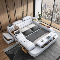 Cadre de lit réglable moderne en cuir capitonné de luxe, taille King, avec télécommande, cheminée et haut-parleur
