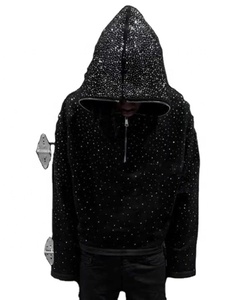 Fabricación de ropa Prensado en caliente Perforación Bling Diamond Quarter Zip Recortado Lavado ácido Rhinestone Sudadera con capucha para hombre - Product Image 2