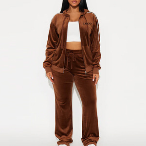 Soft <b>Plush</b> Velour <b>Fabric</b> Zipper Jacket and Jogger Pants Breathable / Custom Velour Tracksuit Set Women Luxury Two-Piece Outfit - Product Image 1
