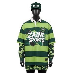 Camiseta de Rugby para Hombre, Premium, 260 GSM, Tela de Algodón y Poliéster Piqué, Cuerpo con Rayas Verdes y Panel en Contraste, Logotipo Personalizado, Absorbe la Humedad - Product Image 1