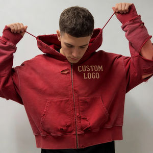 Sudaderas con Capucha para Hombre, Color Borgoña, con Cierre, Logotipo Personalizado, Bordado en Relieve, Estilo Desgastado, Vintage, Lavado, Talla Grande, Casual - Product Image 1