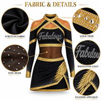 Uniforme de cheerleading personnalisé pour femmes, robe à manches longues noire et or avec strass et maille extensible