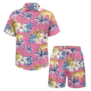 Ensembles de plage décontractés pour hommes Design personnalisable Maillots de bain 100% coton respirants et chemises de plage tricotées imprimées pour couples - Product Image 3